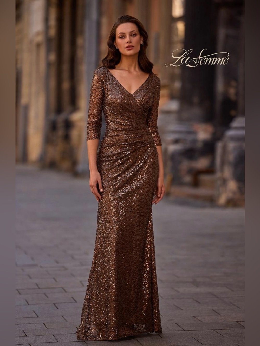 La Femme New Sequin Embellished 3/4 Sleeve Gown In Bronze Size 12